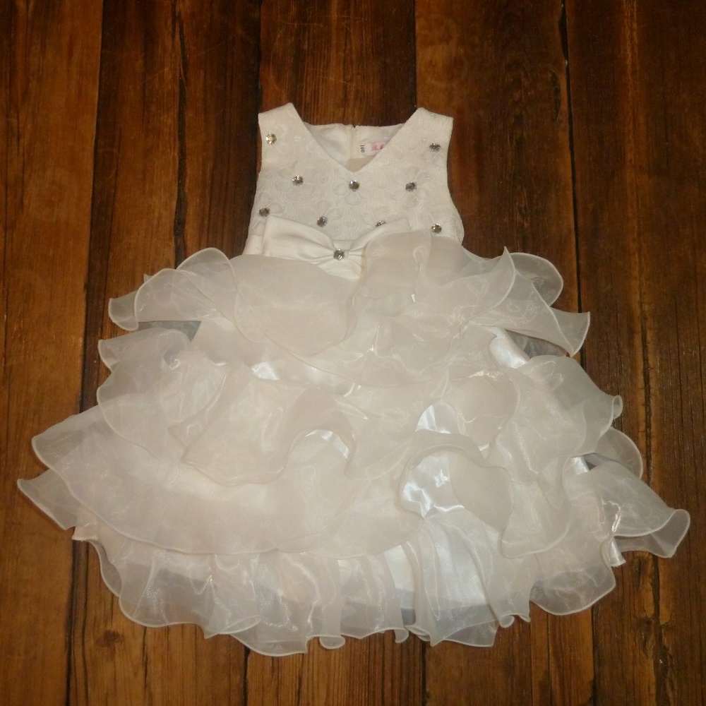 White Flower Toddler Girl Dress Ruffle Tulle Skirt Fancy Formal Sparkly 2/3